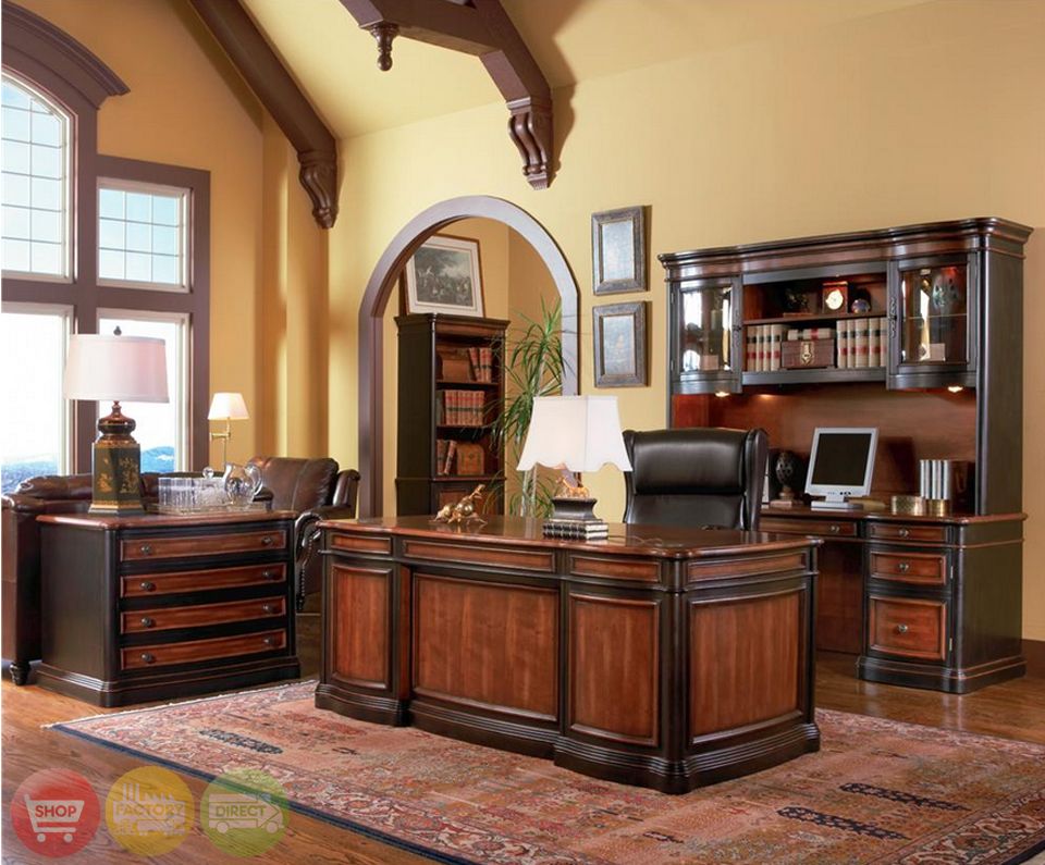 Wood 3 piece Executive Office Desk Credenza & Hutch | eBay